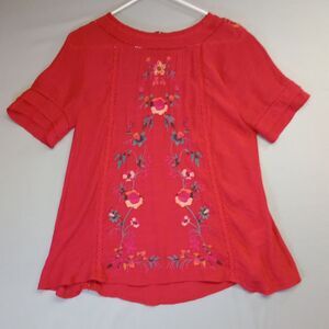 Umgee Blouse Womens Small Red Gauzy Boho Embroidered Flowers Short Sleeve Top
